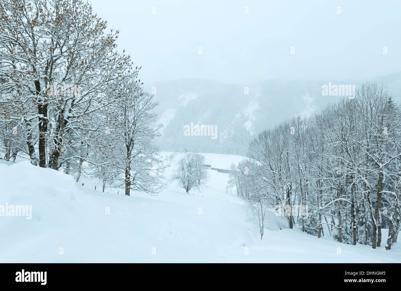 Berg neblig trüben Tag verschneite Winterlandschaft Stockfoto