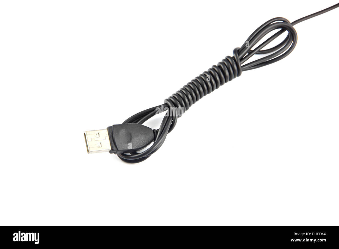Schwarze Kabel USB verwendet, um den Computer auf weißem Hintergrund zu verbinden. Stockfoto