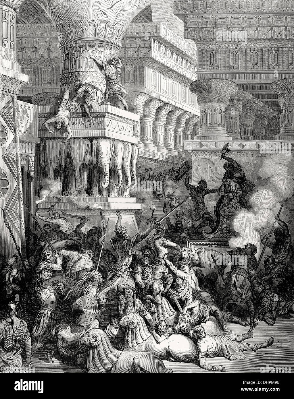 Jonathan zerstört den Tempel Dago. Bibel-Illustrationen von Gustave Dore. Stockfoto