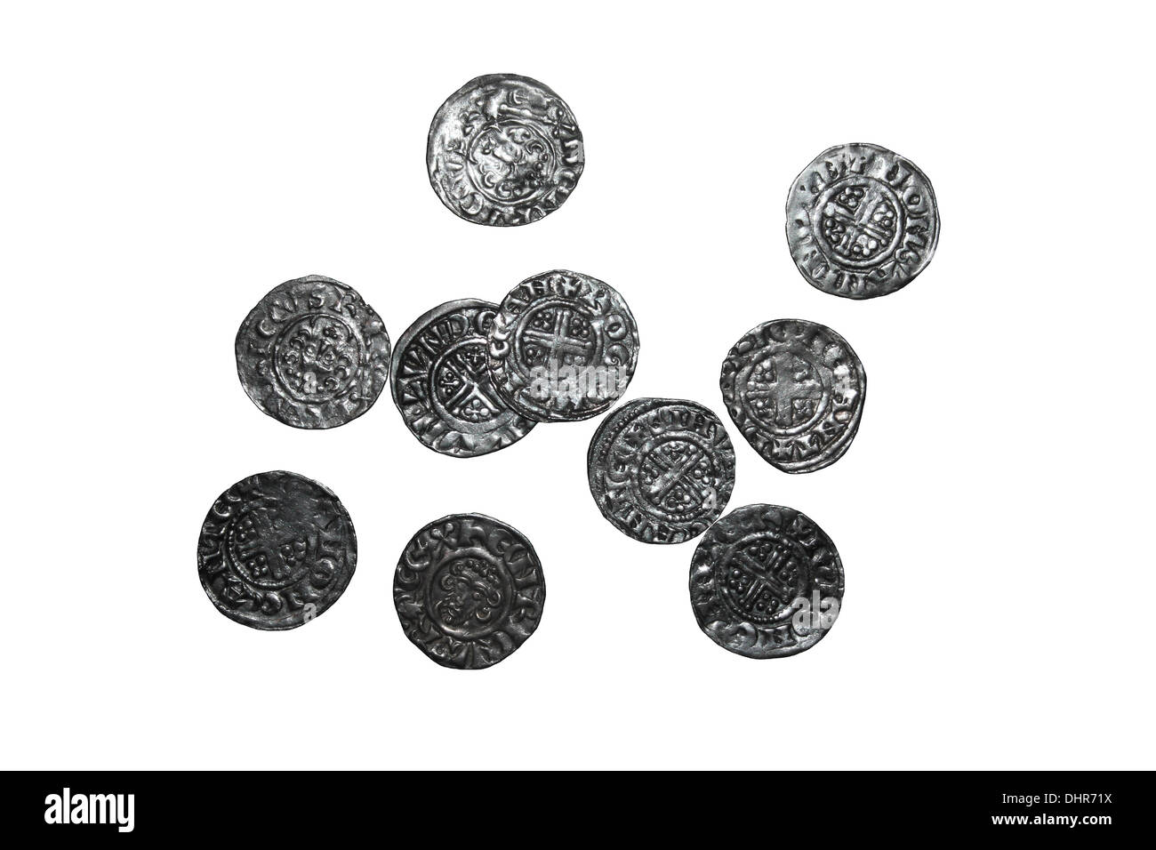 Pfennige aus The Eccles Horten rund 6200 englische, irische, schottische und ausländische Münzen begraben c1230 AD und fand im Jahre 1864 Stockfoto