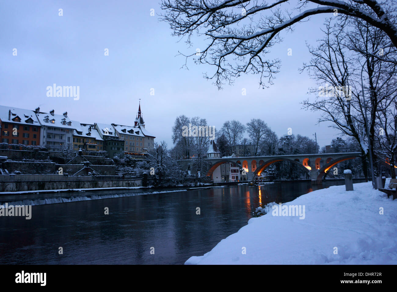 Bremgarten und Reuss, Winter, Aargau, Schweiz Stockfoto