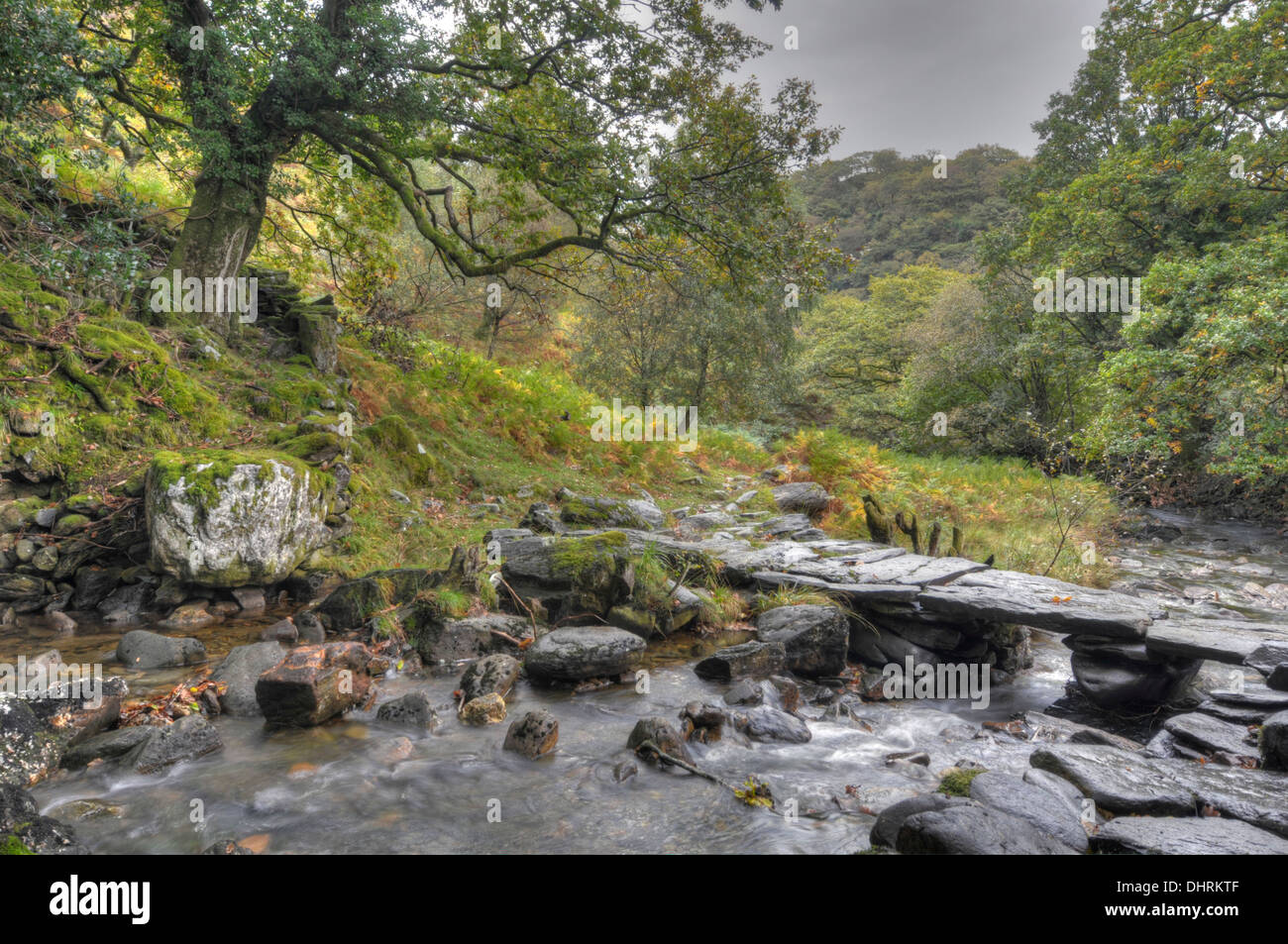 Clapper Bridge, Craflwyn, Snowdonia, Nord-Wales. Stockfoto