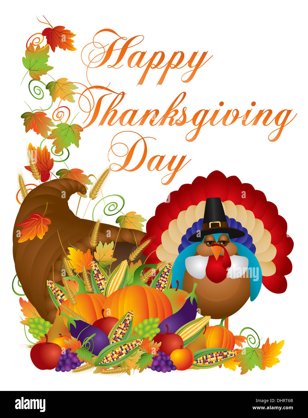 Happy Thanksgiving Day Text mit Füllhorn und der Türkei Stockfoto