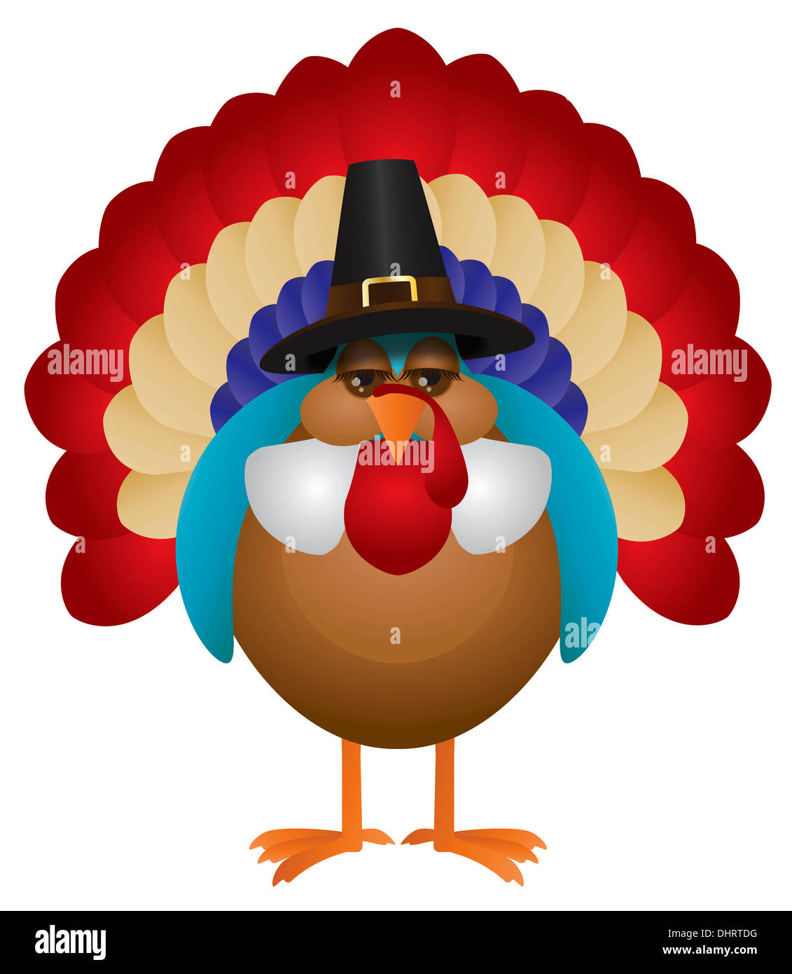 Bunte Türkei mit Pilgrim Hut niedlichen Cartoon zum Erntedankfest isoliert auf weißem Hintergrund Illustration Stockfoto