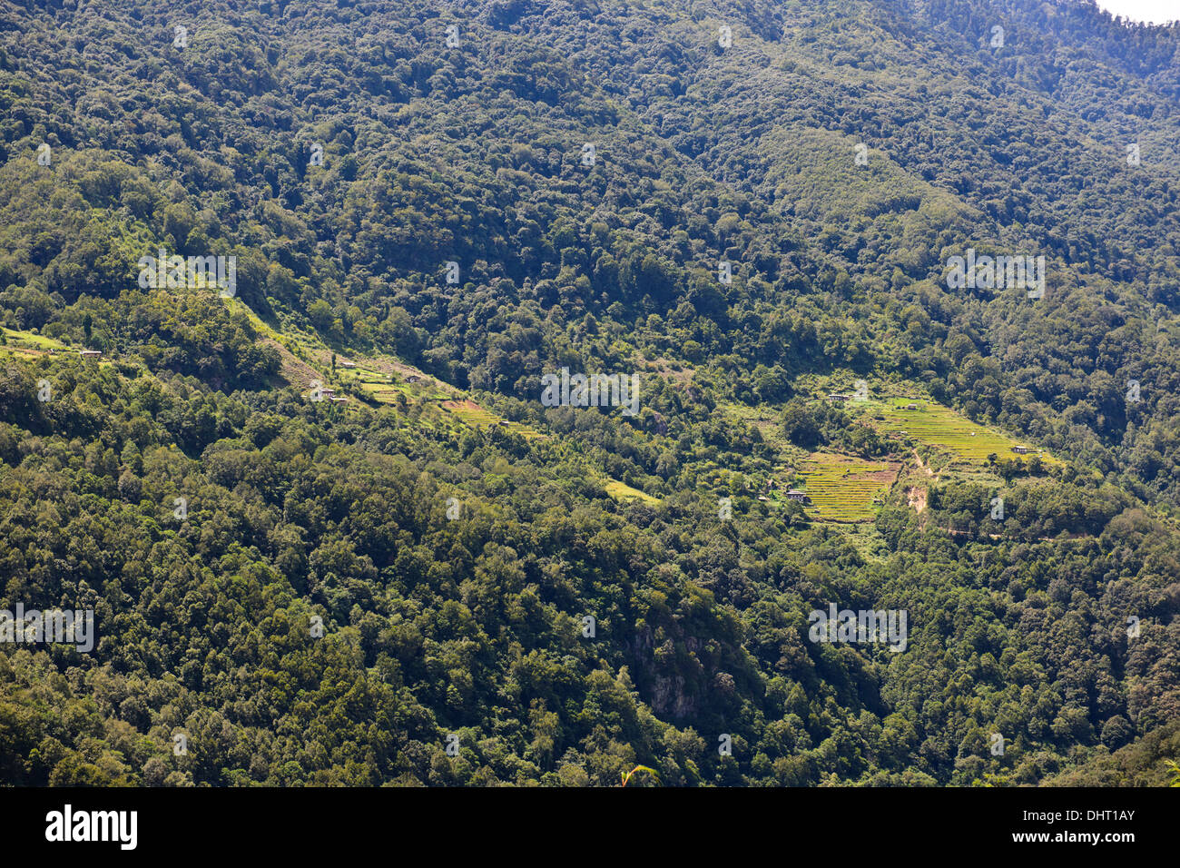 Trongsa Hills Dzong, Fluss, Mangde Chhu, Trongsa Markt, Könige Retreat, Aussicht vom Hotel Yanghil Resort, Trongsa, Ost Bhutan Stockfoto