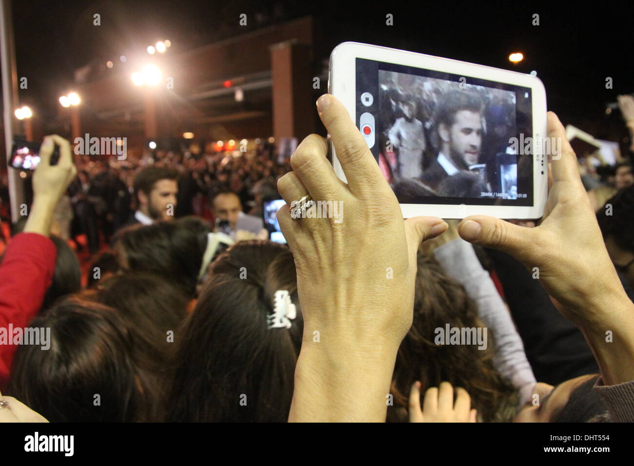 Rom, Italien. 14. November 2013 Fans warten für Liam Hemsworth, Jennifer Lawrence, Josh Hutcherson auf dem roten Teppich für den Film Hunger Games auf dem Rom International Film Festival im Auditorium in Rom, Ital Credit: Gari Wyn Williams/Alamy Live News Stockfoto