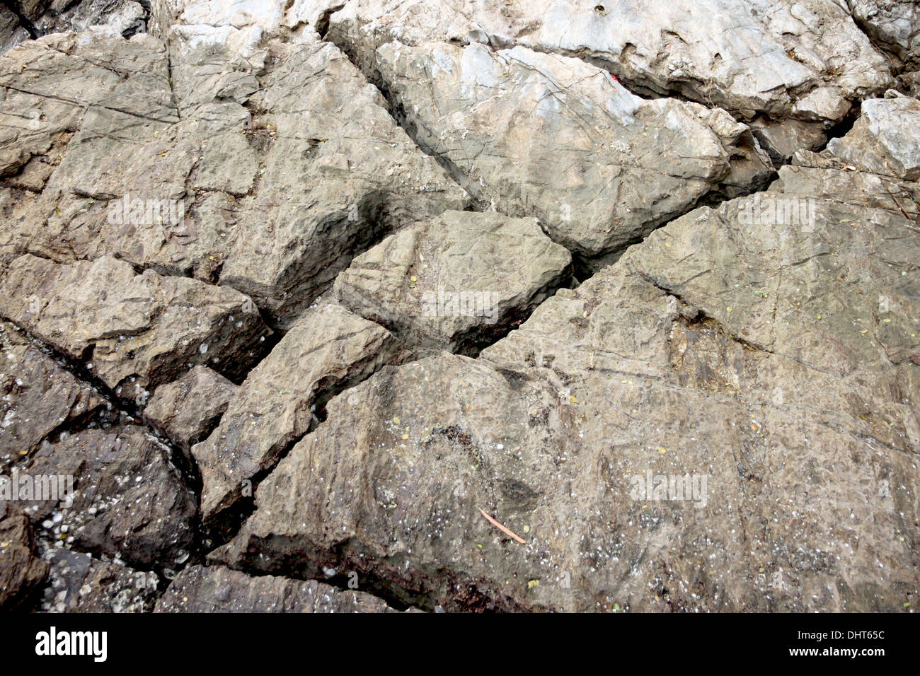 Risse in den großen Steinen am Strand Gegend. Stockfoto