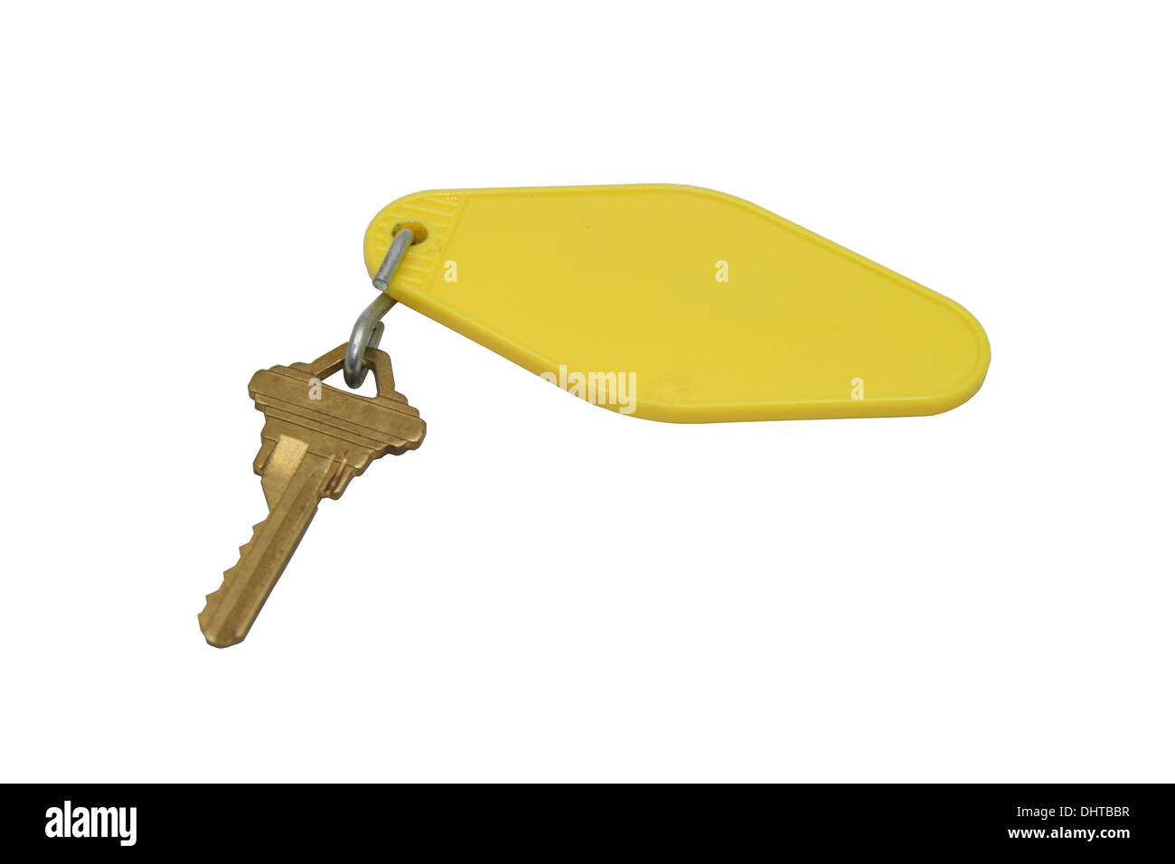 Eine gelbe tagged Motel Schlüssel isoliert auf weißem Hintergrund Stockfoto