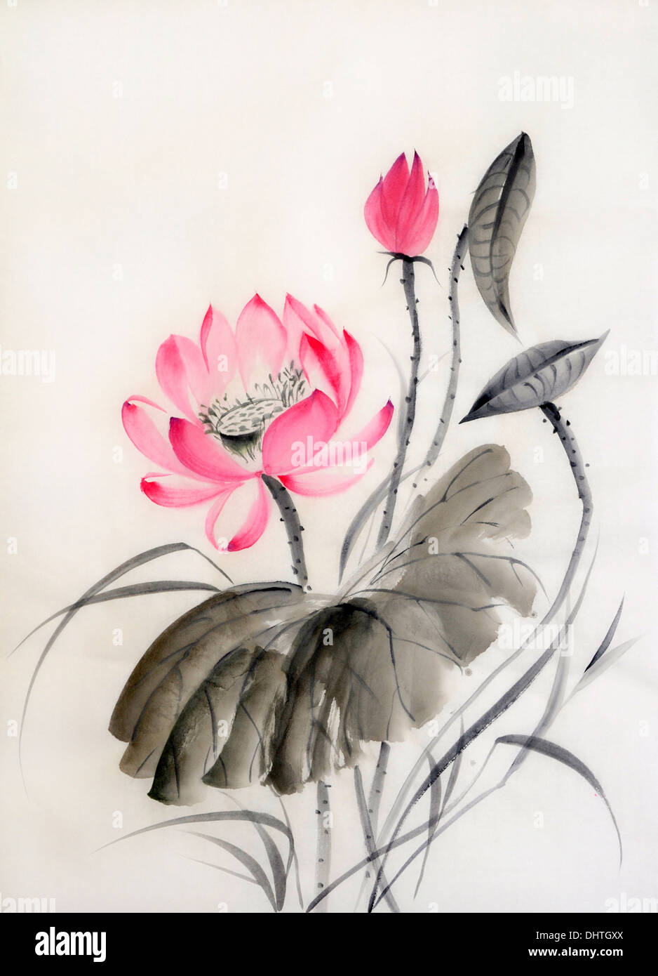 Aquarell von Lotusblüte mit großen Blatt, original-Kunstwerken, asiatischen Stil Stockfoto
