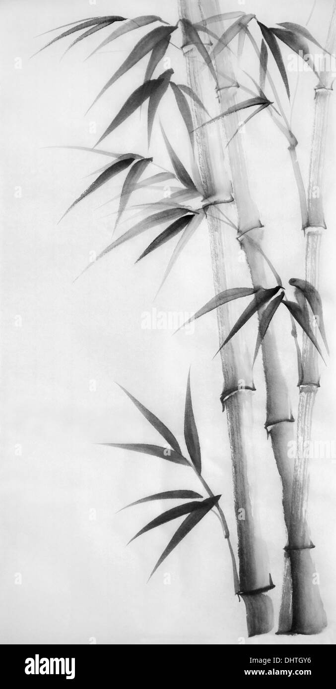 Original Aquarell von Bambus, asiatischen Stil Stockfoto