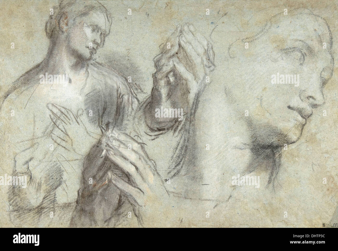 Studien der Kopf eines Mannes und seiner Hände - von Federico Barocci, 1592 – 99 Stockfoto