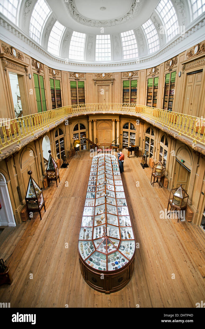 Niederlande, Haarlem, Teylers Museum älteste Museum zugänglich für die Öffentlichkeit seit 1784. Erhöhte Ansicht auf ovaler Saal. Besucher Stockfoto