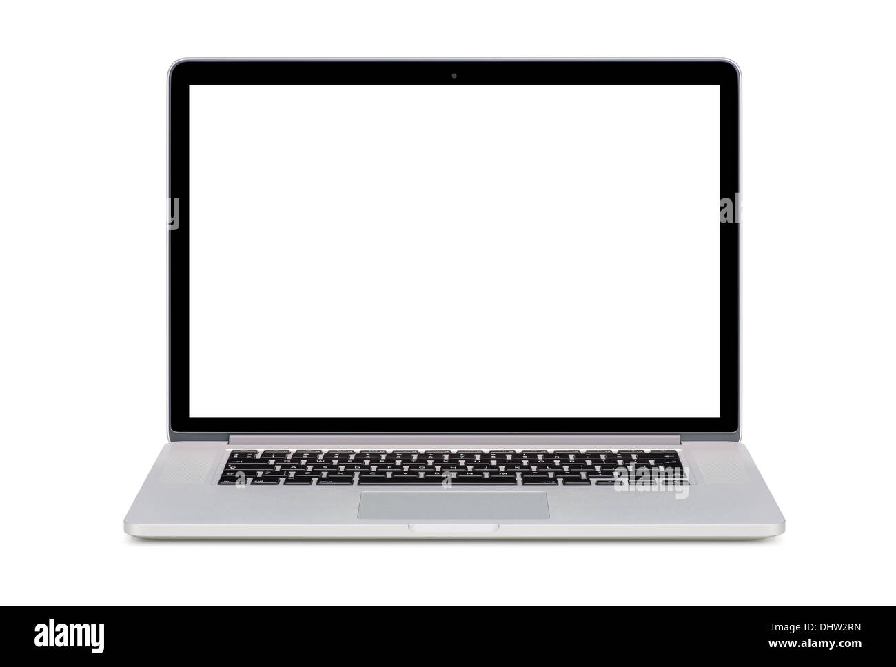 Vorderansicht eines modernen Laptops mit einem weißen Bildschirm und einer englischen Tastatur isoliert auf weißem Hintergrund. Hohe Qualität. Stockfoto