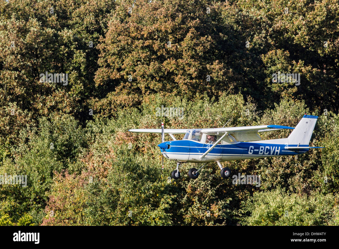 Niederlande, Loosdrecht, kleinen Flugzeug, Cessna 172 vor Bäumen. Landung am Flughafen Stockfoto