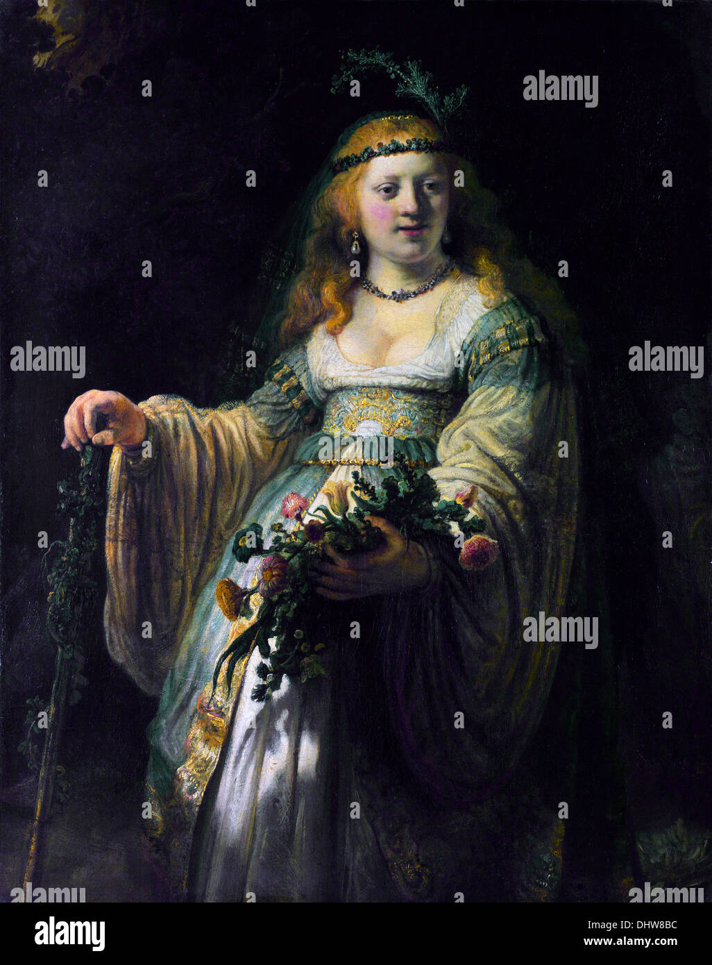 Saskia als Flora - von Rembrandt van Rijn, 1635 Stockfoto
