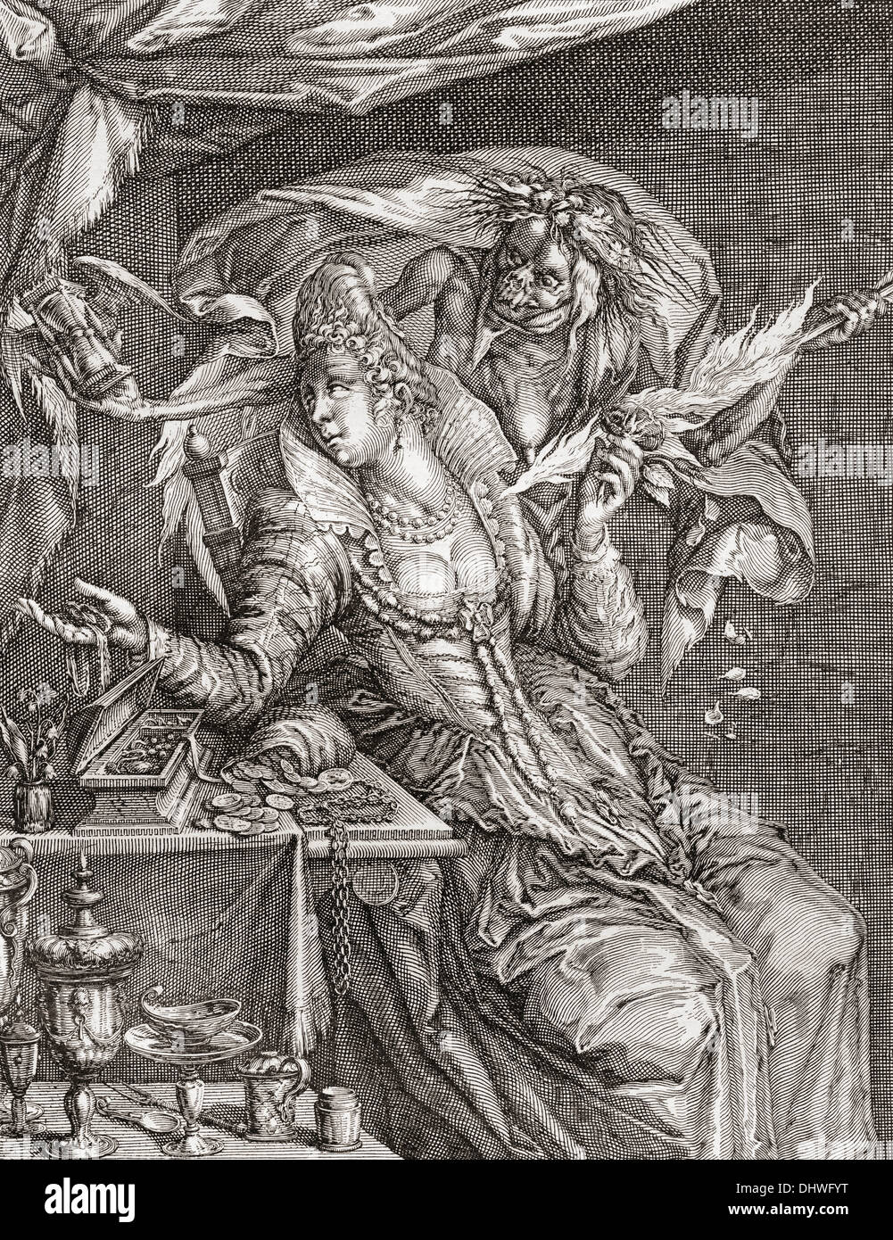 Vanitas mit Tod und ein Mädchen, nach Jacob De Gheyn. Stockfoto