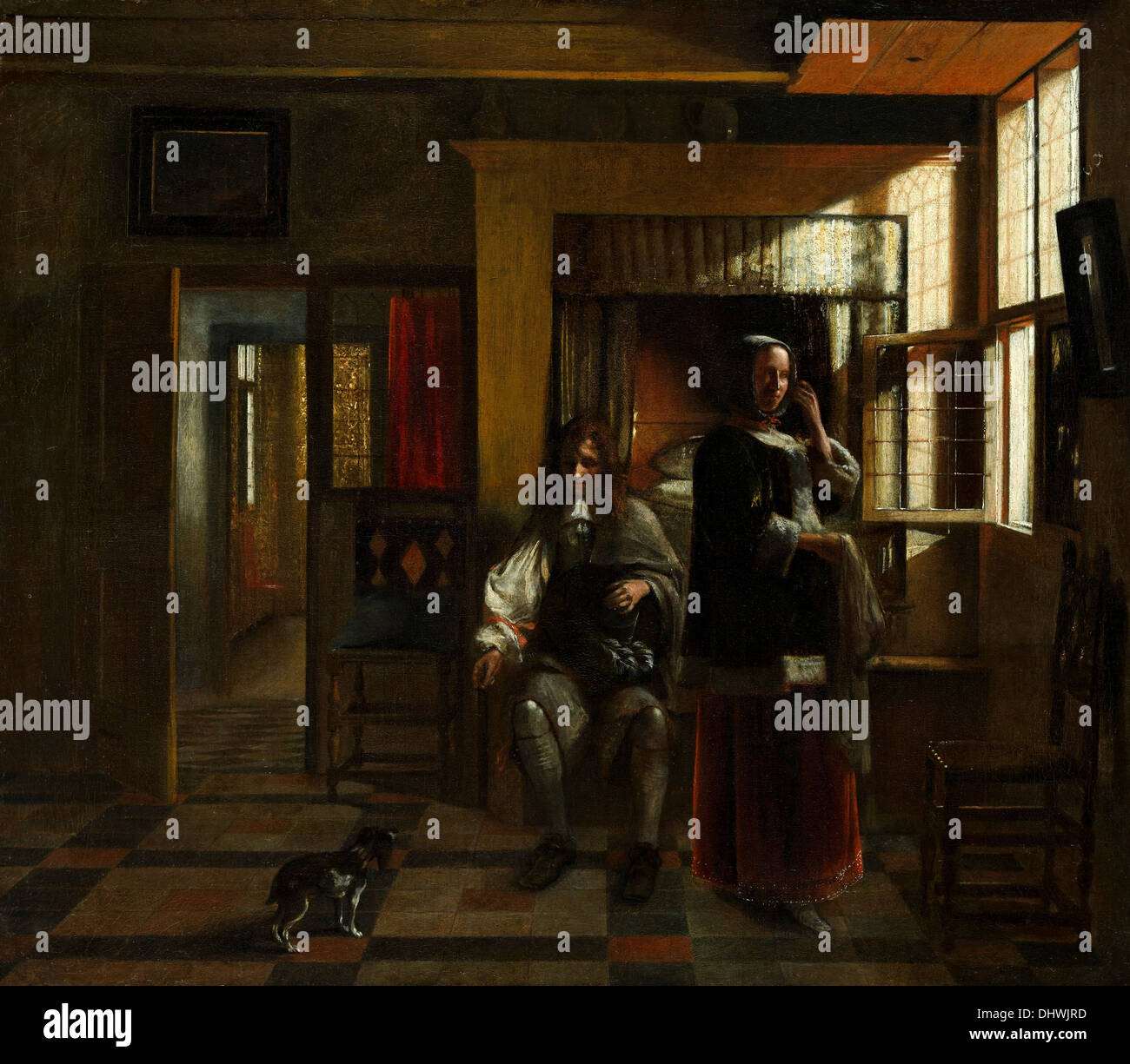 Interieur mit einem jungen Paar - von Pieter de Hooch, 1665 Stockfoto