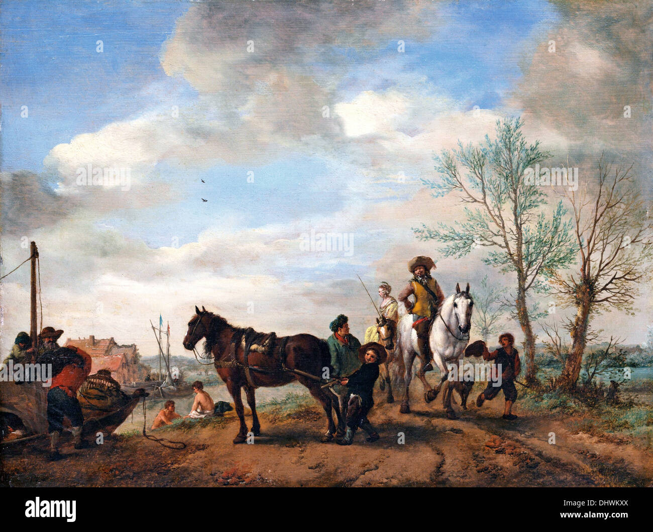 Ein Mann und eine Frau auf dem Pferderücken - von Philips Wouwerman, 1654 Stockfoto