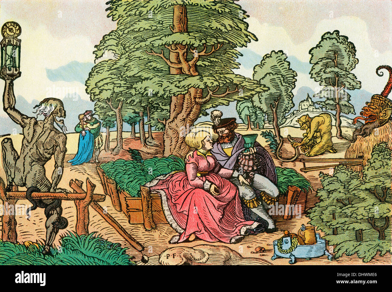 Nach den Gefahren der Liebe von Peter Flötner. Liebhaber in einem Garten.  Vater Zeit mit einer Schlange umwickelt sein Bein. Stockfoto