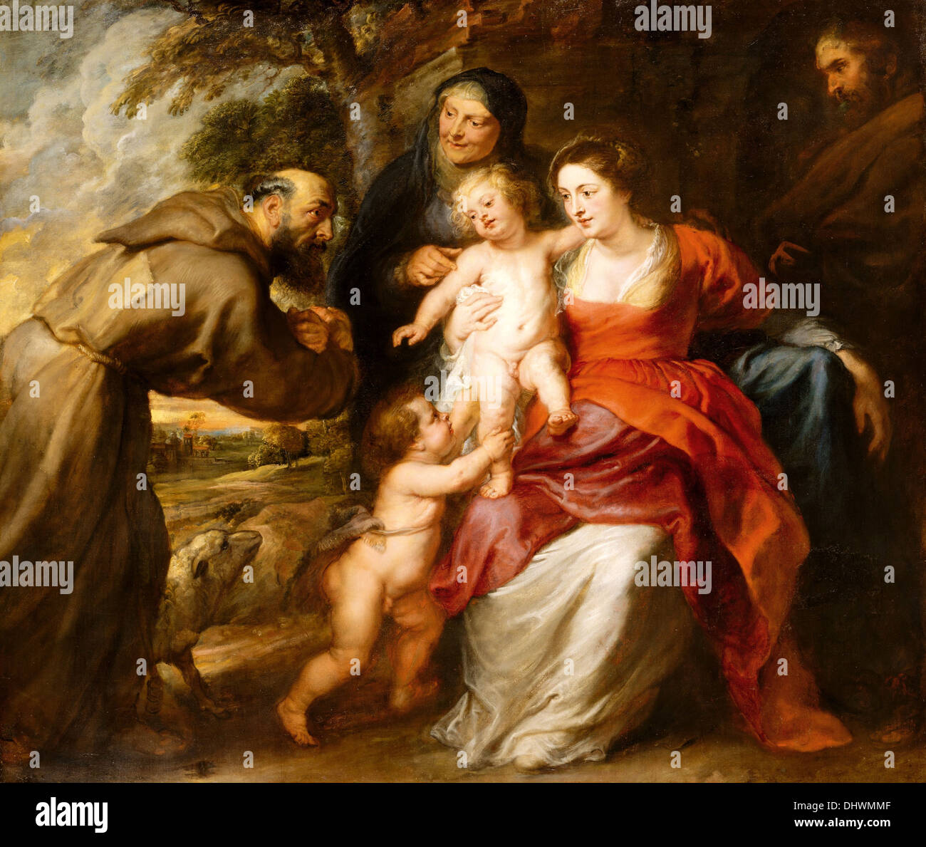 Die Heilige Familie mit Heiligen Franziskus und Anne und das Kind der Heilige Johannes der Täufer - von Rubens, 1630ern Stockfoto