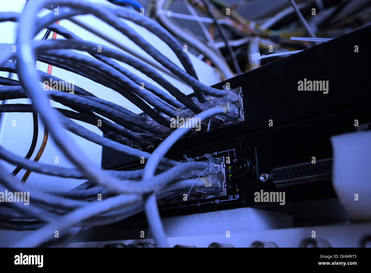 Netzwerkkabel Switches verbunden, geringe Tiefenschärfe Makro Stockfoto