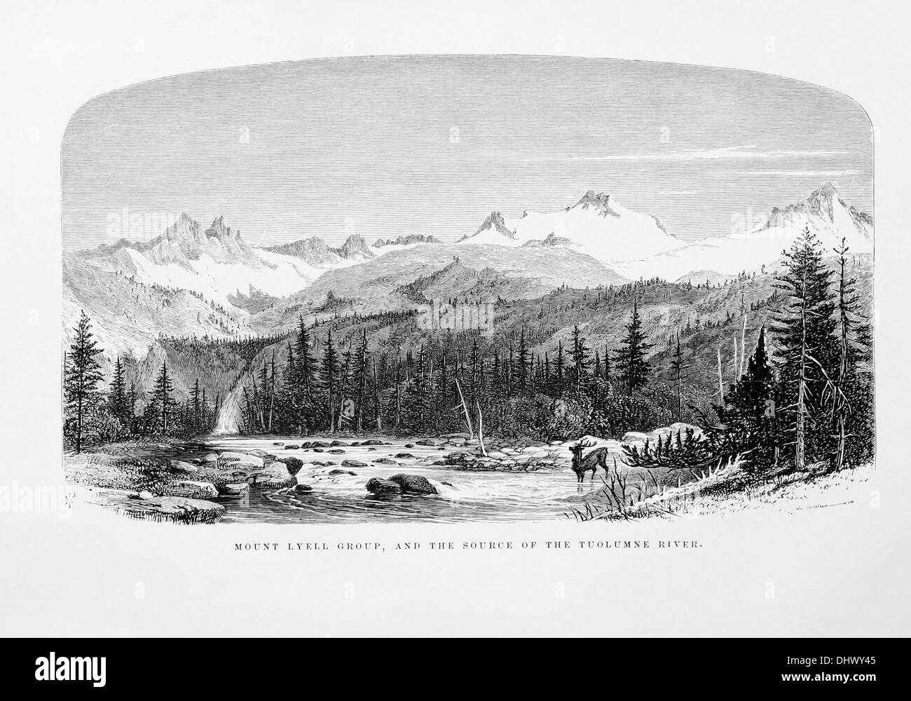 Mount Lyell-Gruppe und die Quelle des Tuolumne River, alte Lithographie Stockfoto