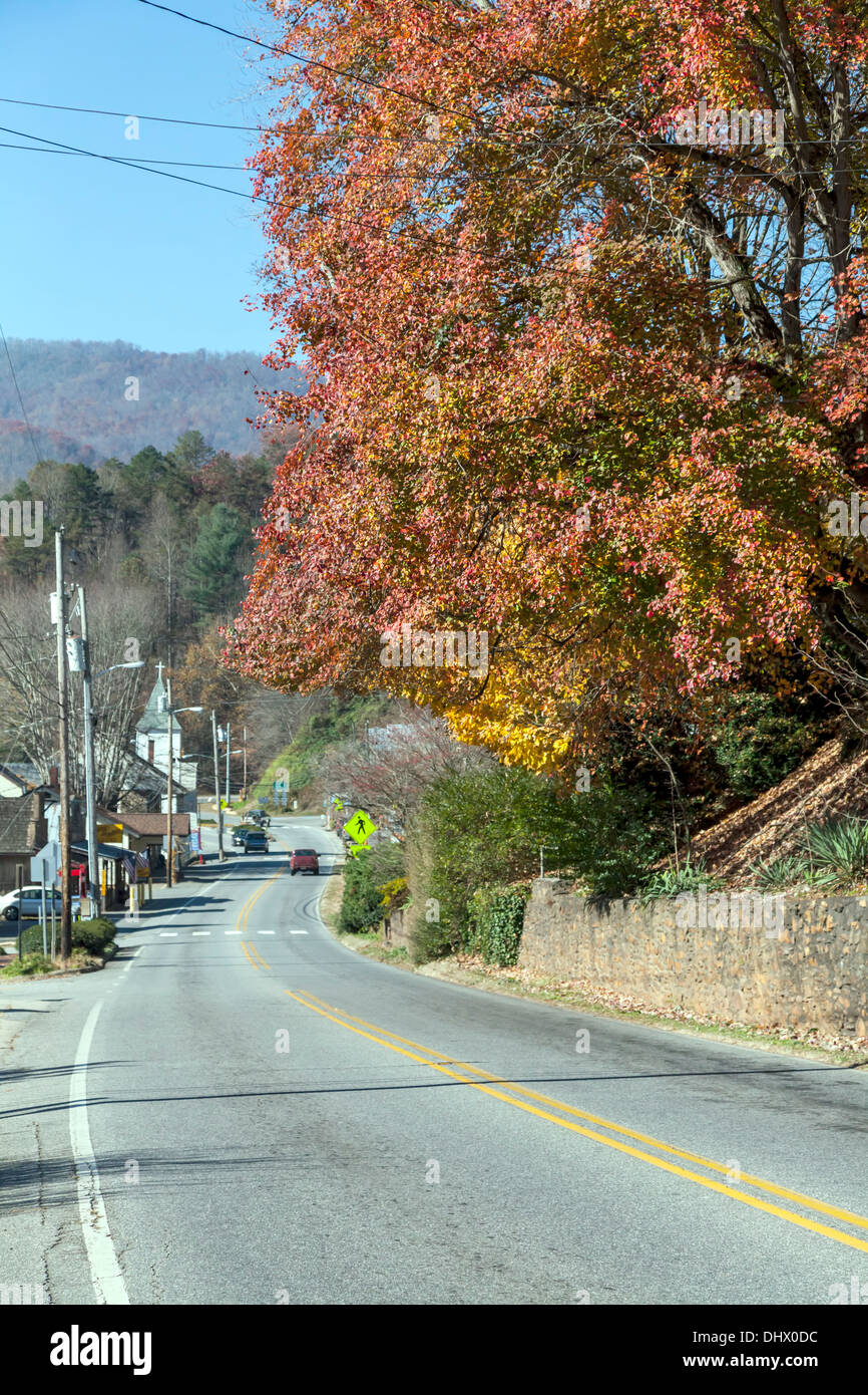 Herbstfarben entlang einer ruhigen Straße in Sylva, einer Kleinstadt in North Carolina in den Smoky Mountains. Stockfoto