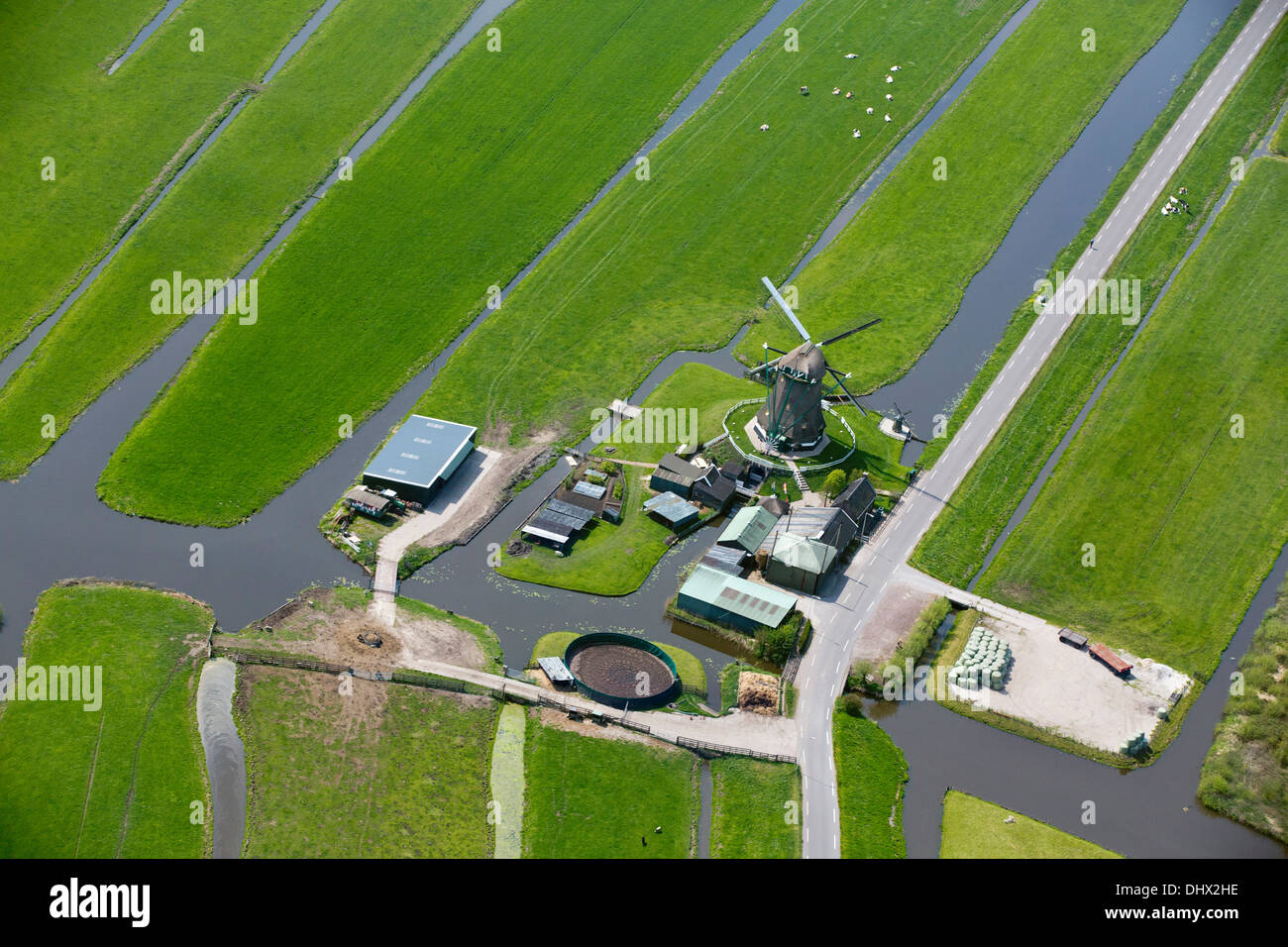 Niederlande, Nieuwkoop, Bauernhof, Windmühle und Farm Land im Polder. Luftbild Stockfoto