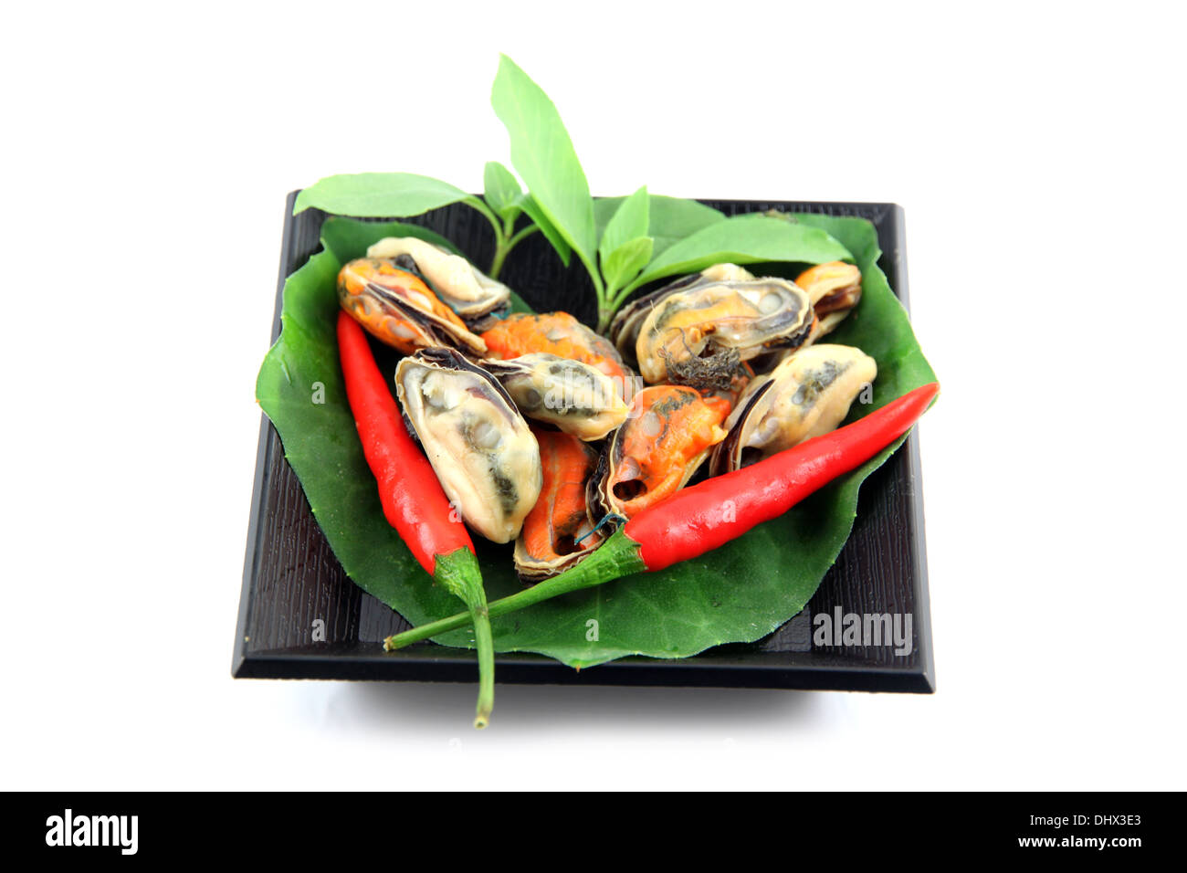 Muscheln und rote Paprika in der schwarzen Schale auf weißem Hintergrund. Stockfoto