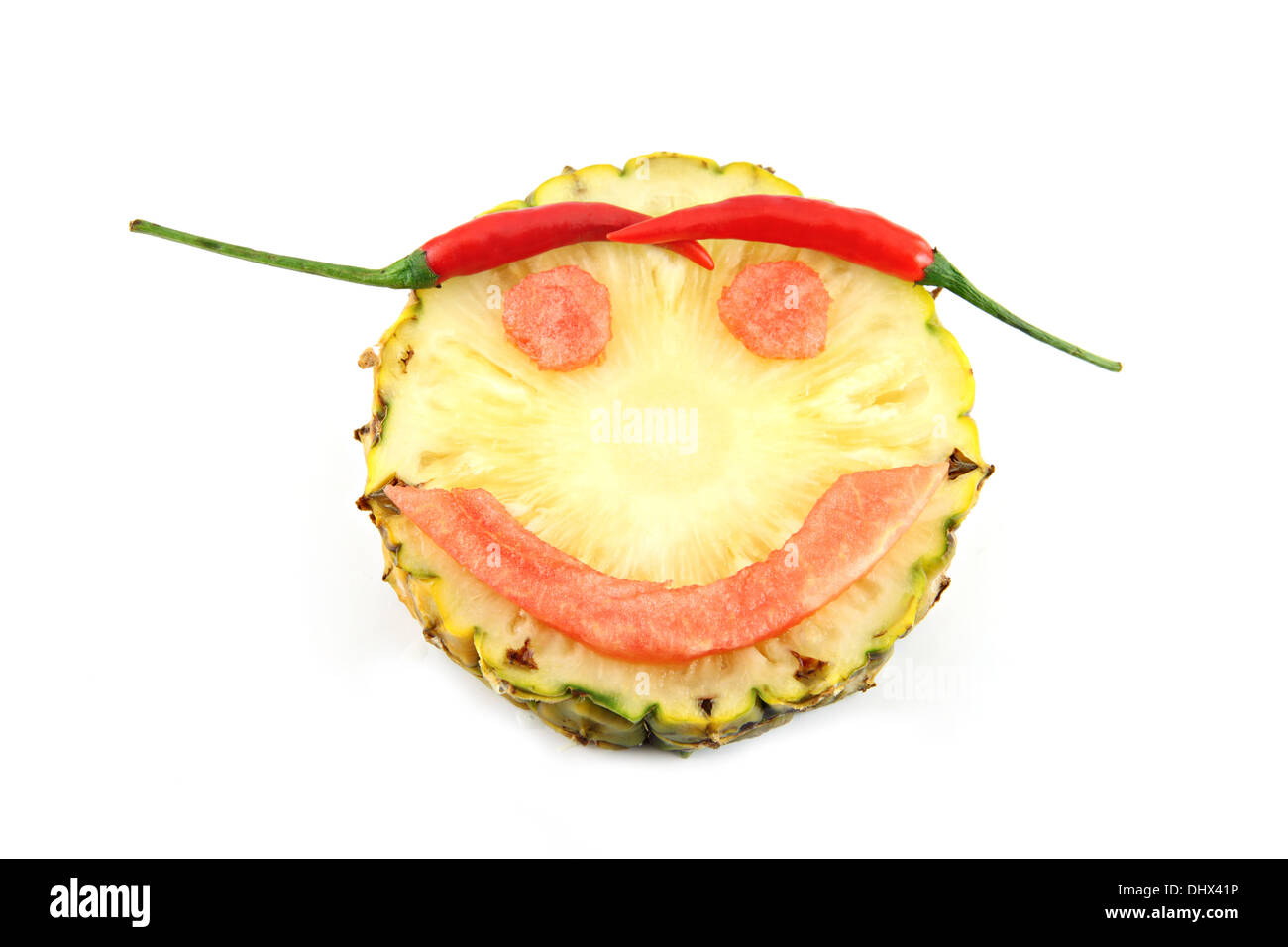 Smile Face of Emotion Bild gemacht von Mix Obst auf weißem Hintergrund. Stockfoto