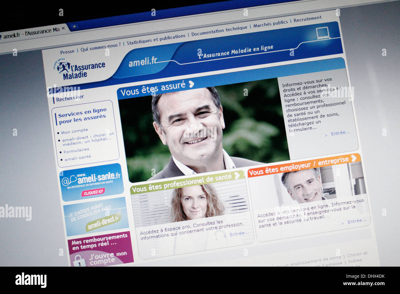 Französische Website für 'Assurance Maladie", Medicare, soziale Wohlfahrt, Frankreich, Homepage, Internet. Stockfoto