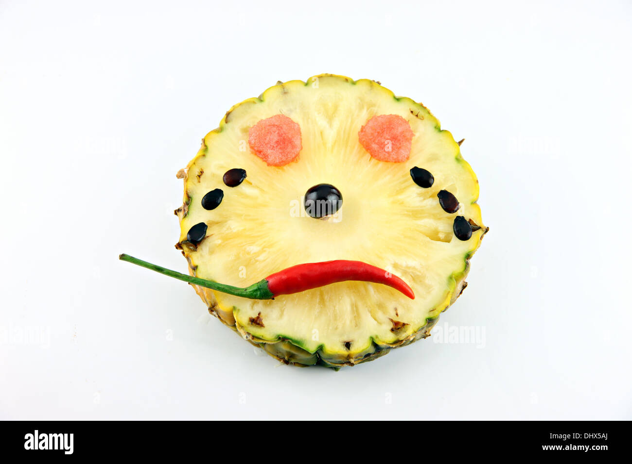 Schrei Face of Emotion Bild aus mix Obst auf weißem Hintergrund. Stockfoto