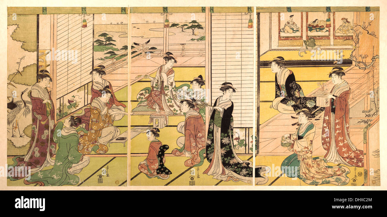 Zu Ehren der drei Götter der Poesie: Frauen komponieren Gedichte - von Chobunsai Eishi, 1798 Stockfoto