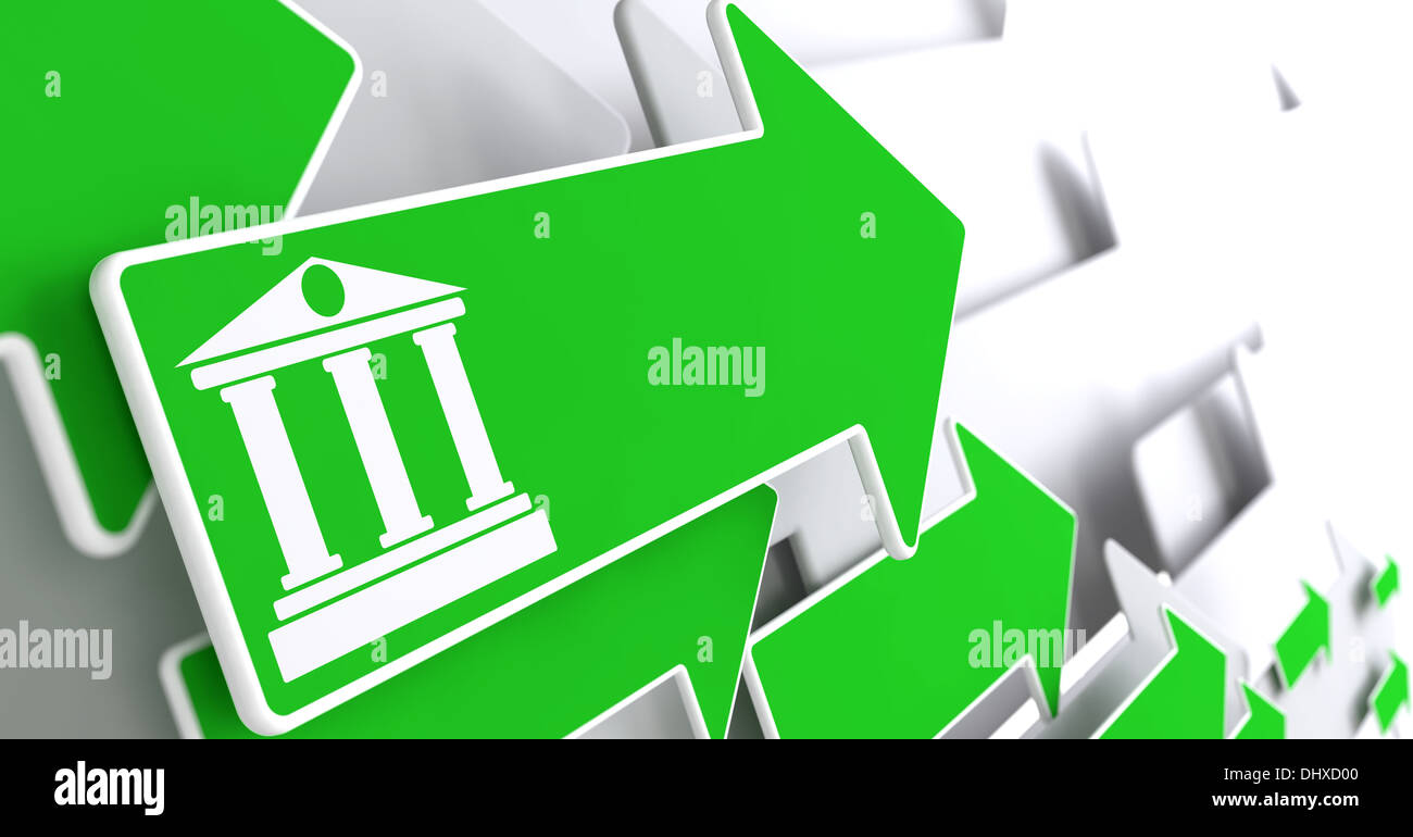 Bank-Symbol auf den grünen Pfeil. Stockfoto