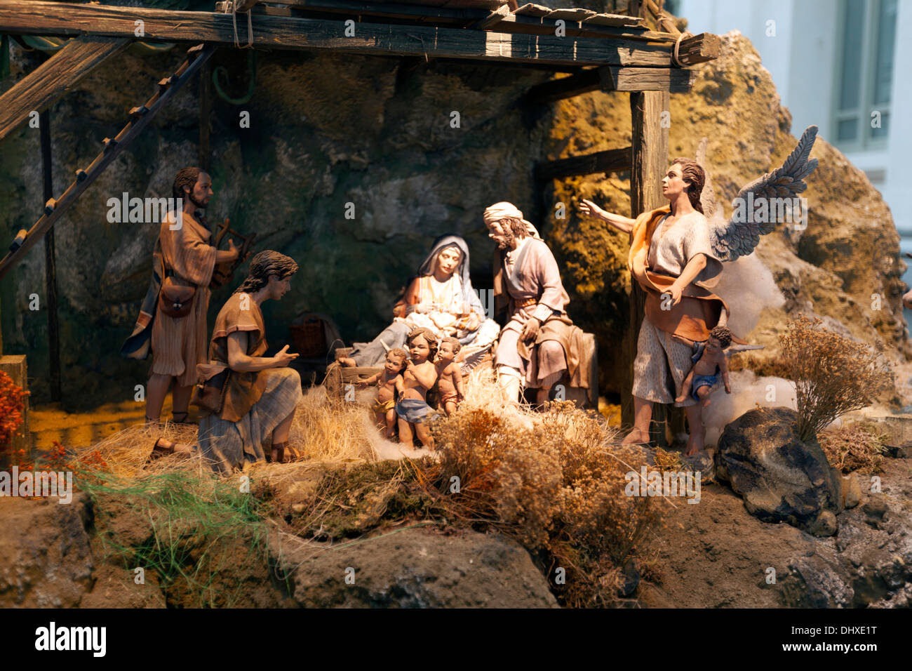 Krippe, Belén in Spanisch, Darstellung der Geburt Jesu im Rathaus von Madrid Weihnachten 2011 platziert. Stockfoto