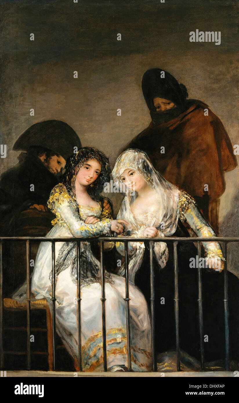 Majas auf Balkon - von Francisco de Goya y Lucientes, 1810 Stockfoto