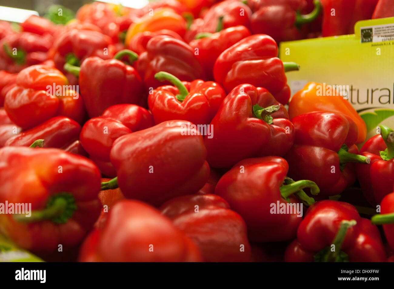 Viele rote helle Paprika Paprika in einem Supermarkt in Prag, Tschechische Republik Stockfoto