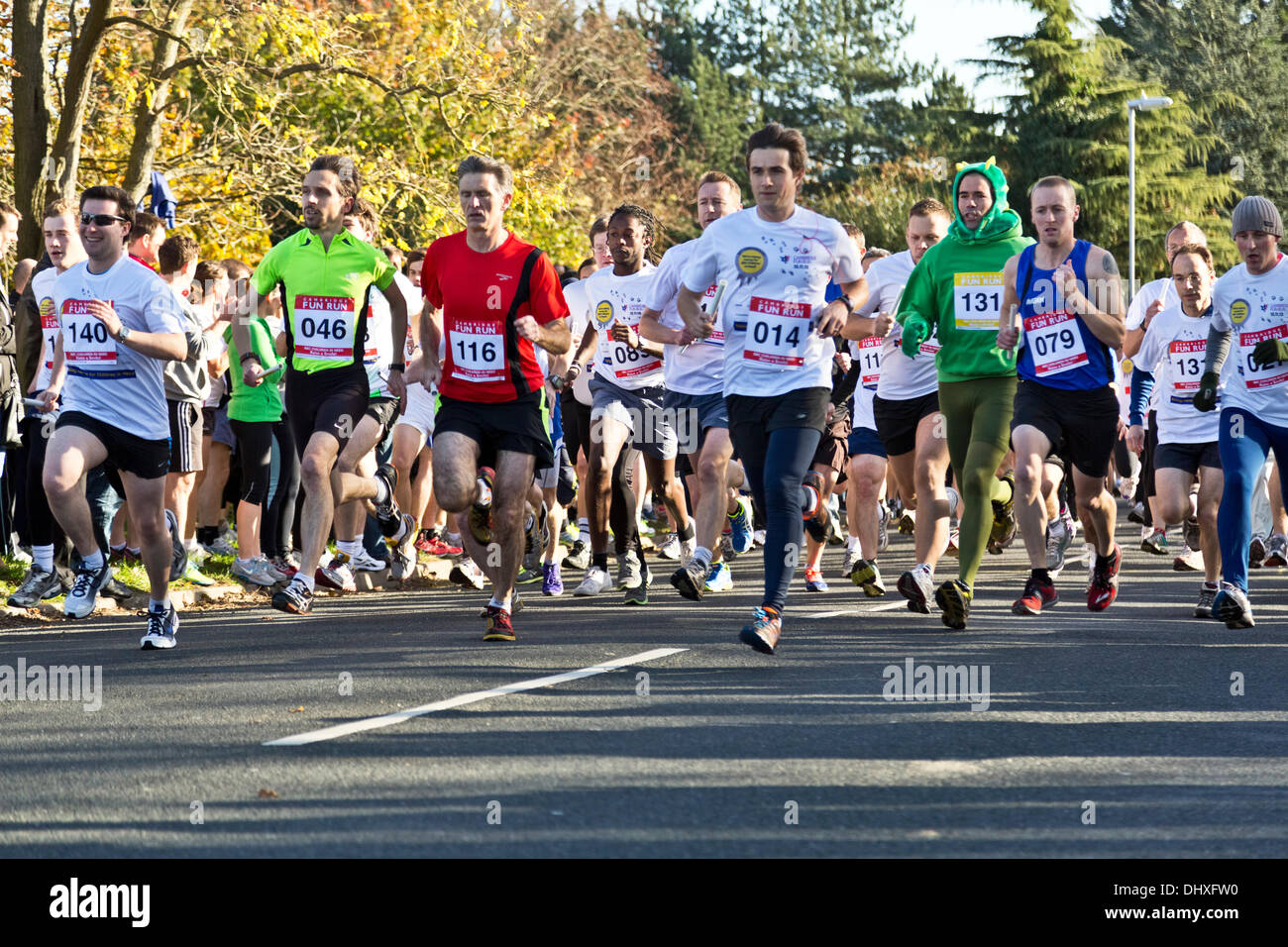 Hunderte von Läufern, die unter Teil beim Rennen in Cambridge Fun Run zugunsten der BBC Kinder in Not und dies ist die Szene, in der Nähe von der Startlinie, 15. November 2013 Cambridge, England Stockfoto