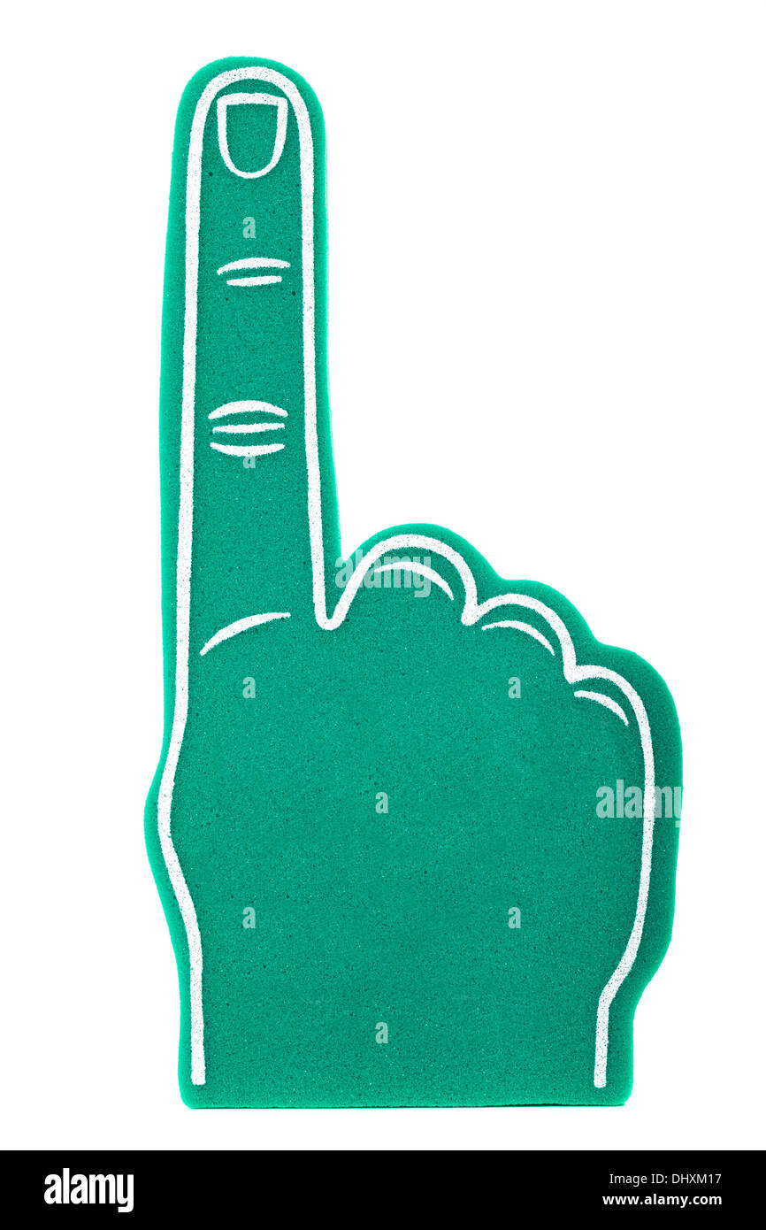 einen grünen Schaum Fan Finger auf weißem Hintergrund Stockfoto