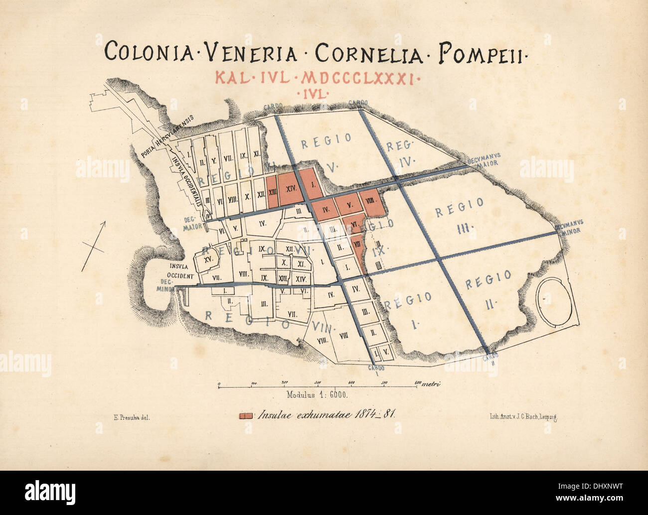 Karte von neu freigelegten Insulae (Gebäude) in Pompeji von 1874 bis 1881. Stockfoto