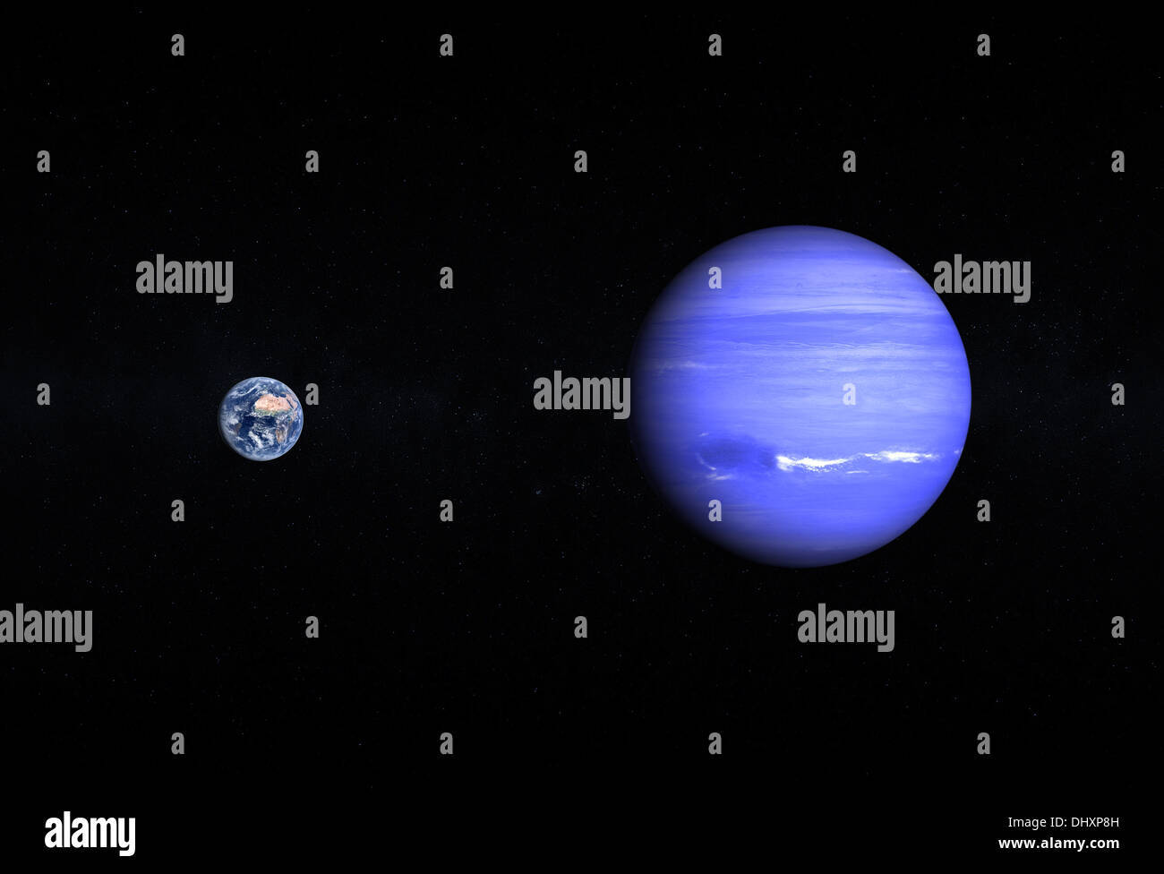 Ein Vergleich zwischen den Planeten Erde und Neptun auf einem Sternenhimmel. Stockfoto