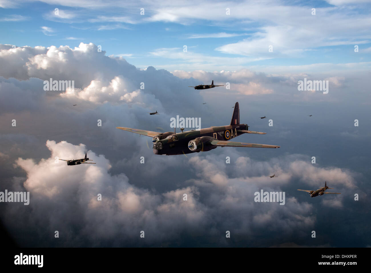 Nr. 75 (NZ) Squadron RAF Bomber Vickers Wellingtons B Mark III. Das Lead-Flugzeug ist X3667. Stockfoto
