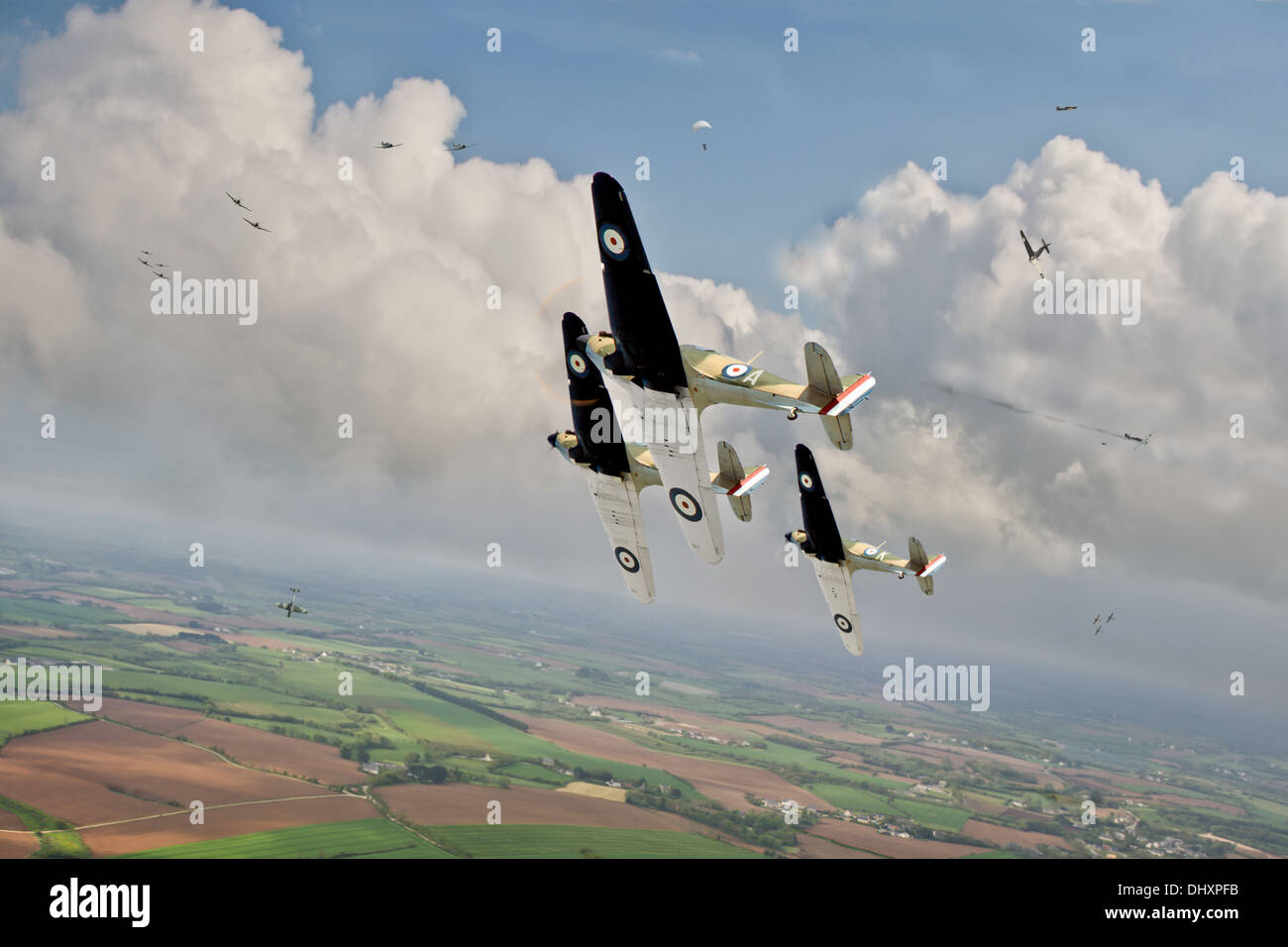 RAF Hurricane Kämpfer gehen gegen Messerschmitt Bf 109 "Kauderwelsch" in Frankreich während der Sitzkrieg im Frühjahr 1940. Stockfoto