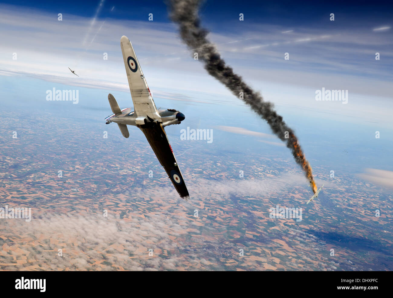 New Zealand RAF pilot Edgar 'Cobber' Kain Tiefen der Messerschmitt Bf 109, die aus seinem Hurrikan Flügelspitze am 2. März 1940 erschossen. Stockfoto