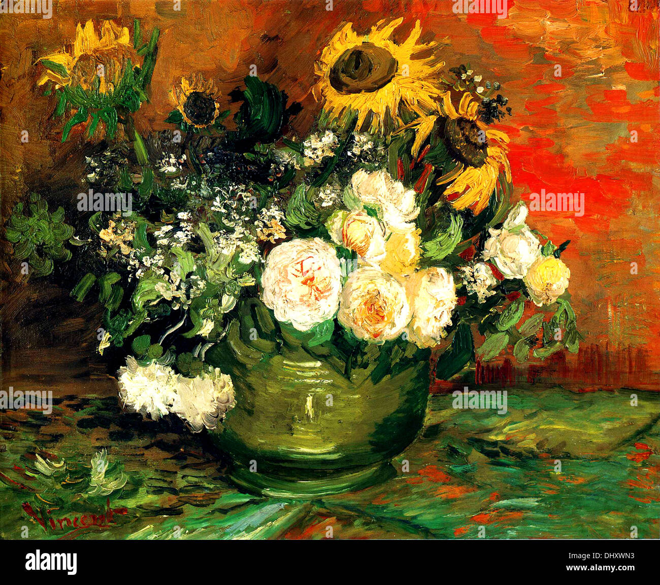 Stillleben mit Rosen und Sonnenblumen - von Vincent Van Gogh, 1886 Stockfoto