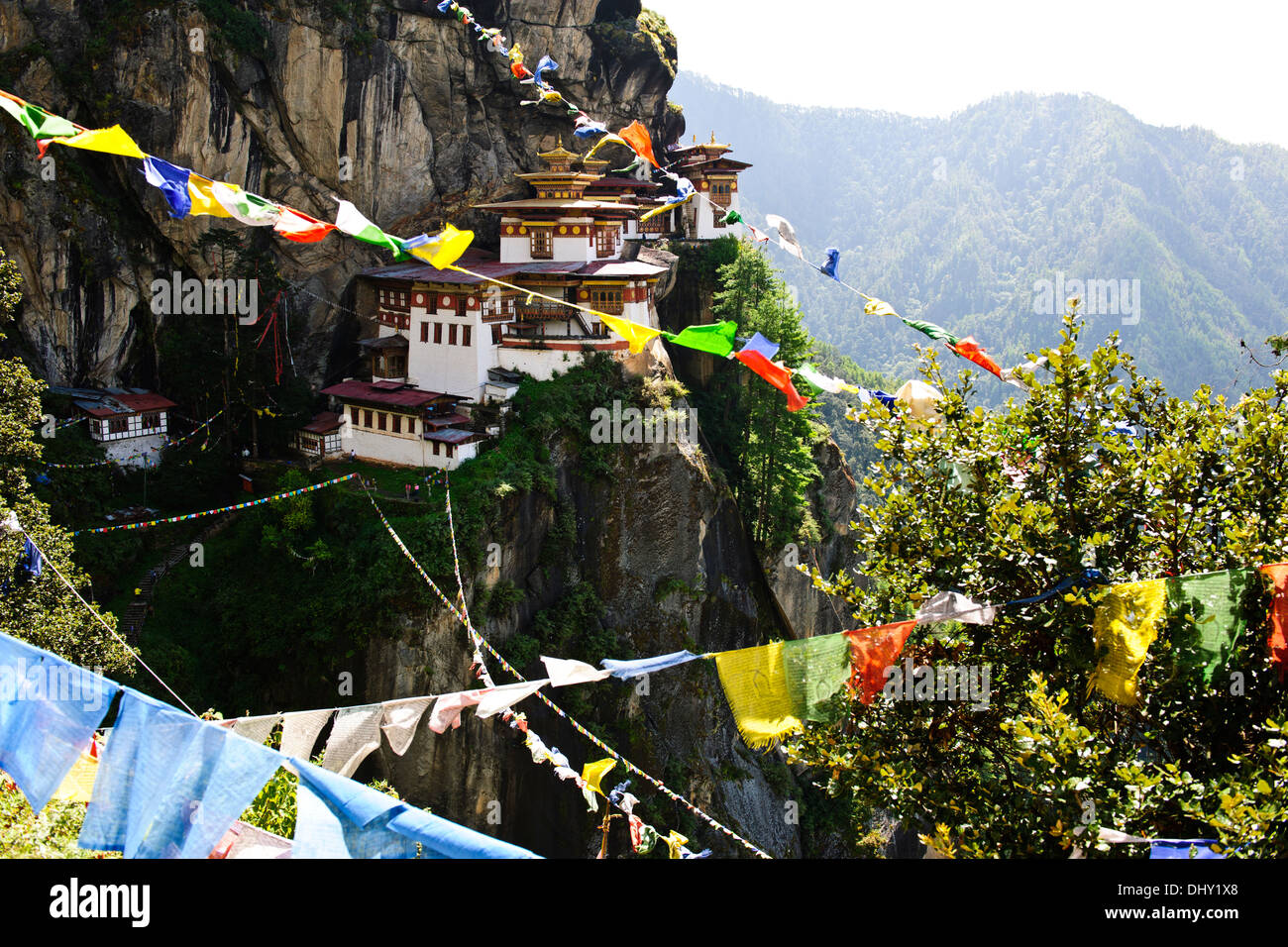 Tiger Nest, 10, 180 Fuß hoch, zwei Stunden Wanderung, Wald Bäume, Nebel, Cliffhanger, buddhistischen Pilgerreise sehr heilig heiliger Ort, Paro Bhutan Stockfoto