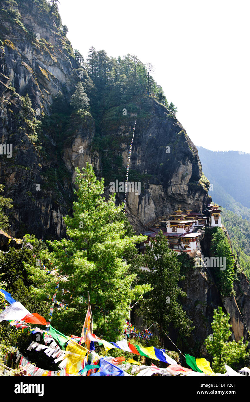 Tiger Nest, 10, 180 Fuß hoch, zwei Stunden Wanderung, Wald Bäume, Nebel, Cliffhanger, buddhistischen Pilgerreise sehr heilig heiliger Ort, Paro Bhutan Stockfoto