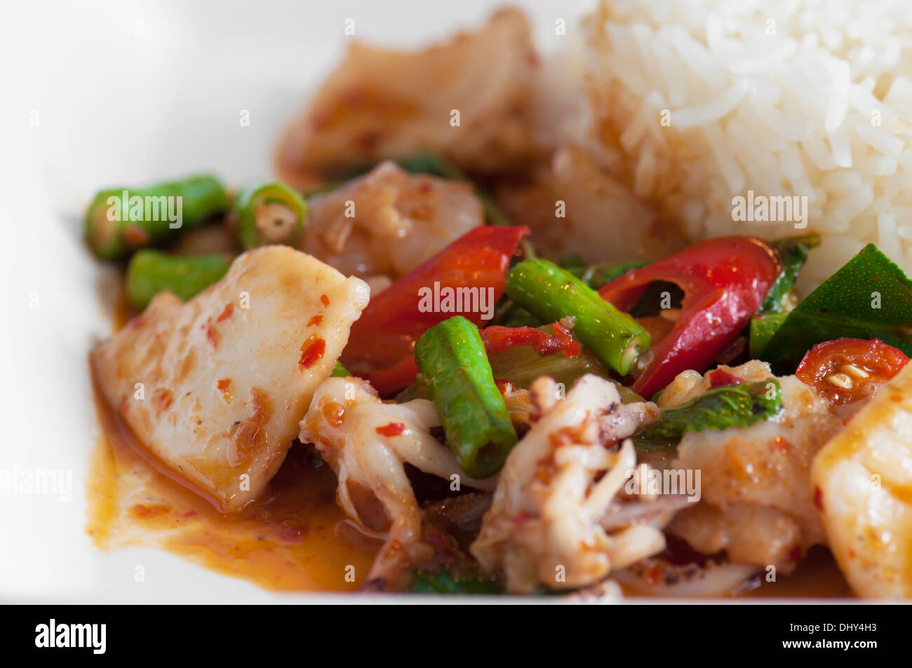Reis mit rühren gebraten scharf Tintenfisch mit Basilikum Stockfoto