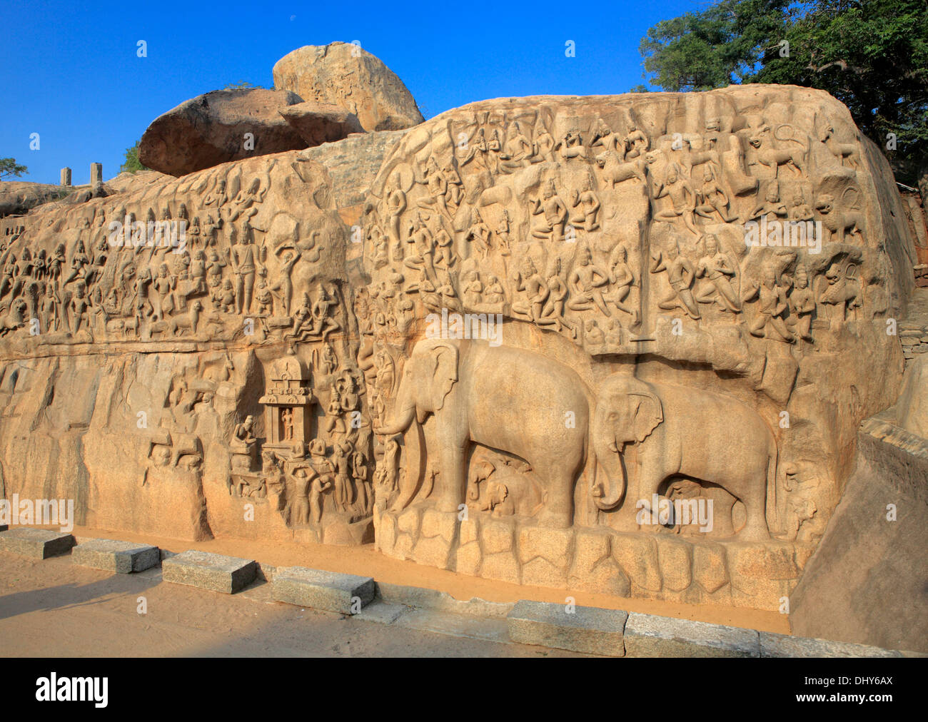Pancha Rathas, cave Tempel (7. Jahrhundert), Mahabalipuram, Tamil Nadu, Indien Stockfoto