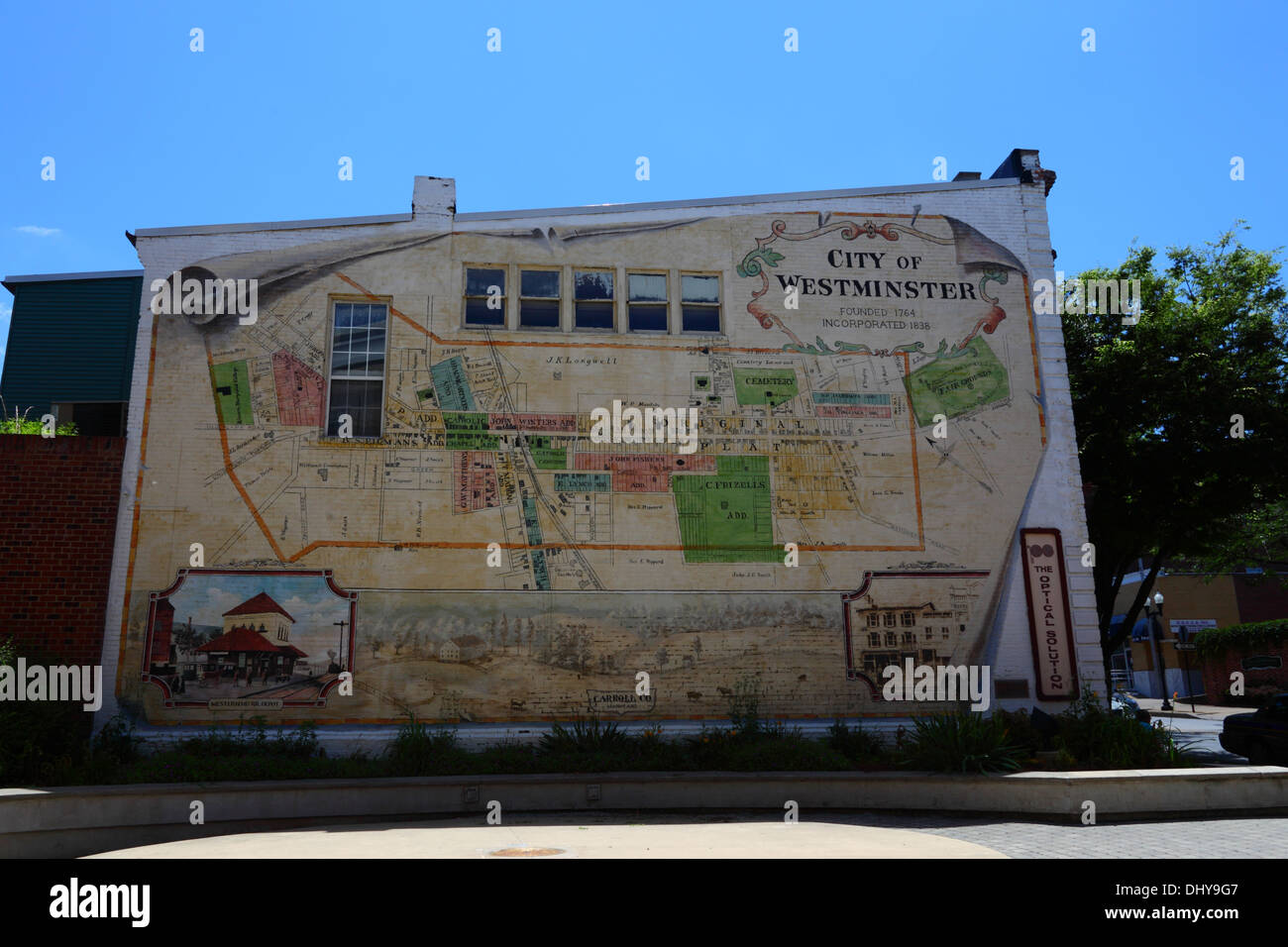 Old fashioned Stadtplan bemalt an der Seite eines Gebäudes, Westminster, Carroll County, Maryland, USA Stockfoto